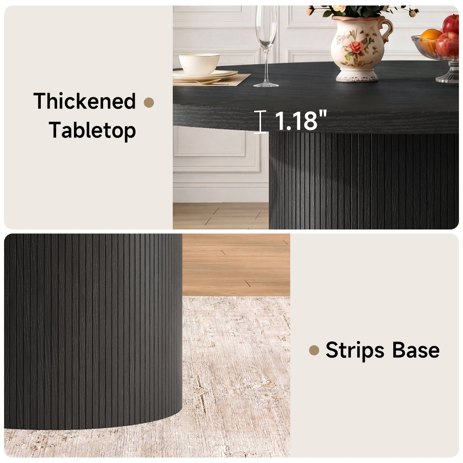 ROGALIS 47 inch Round Dining Table for 4-6, Circle Kitchen Table with Wood Strip Base, Modern Farmhouse Dinner Tables for Kitchen, Living Room, Black