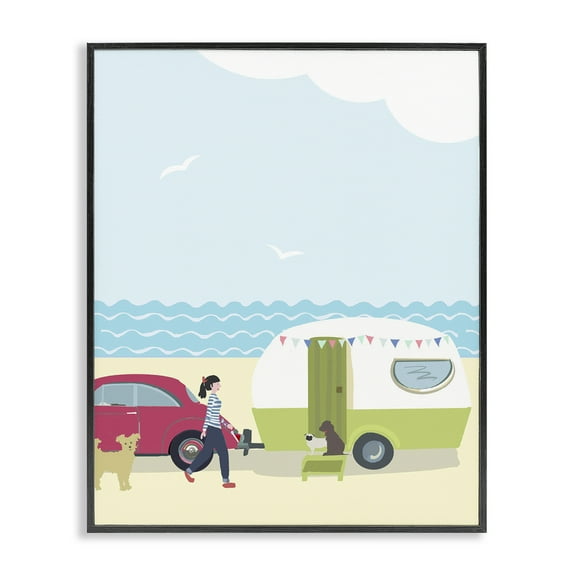 Stupell Industries Beach Day with Dogs Nautical & Beach Painting Black Framed Art Print Wall Art, 11 x 14