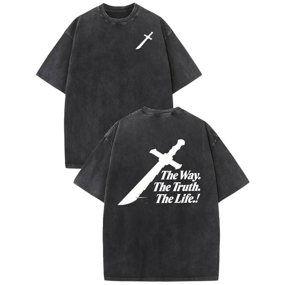 Washed Sword Motif Cotton Top Shirt Fashion Casual Round Neck Short Sleeve Comfortable Black S-2XL Plus Size