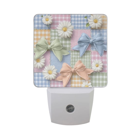 Pastel Patch Plaids with Bows Daisies LED Night Light Sensor Lamp Plug-in Adjustable Brightness 2 Pack