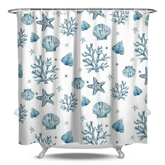 Coastal Starfish Shower Curtain - Tropical Marine Life Watercolor Art, Water Resistant Washable Fabric Bathroom Set with 12 Hooks,84x72in