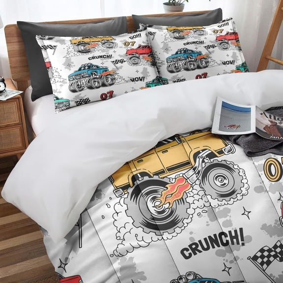 Trucks Car Race Comforter Set for Boys Kids Toddlers Teens Adults Twin, Cool Vehicle Wheel Bedding Sets Water Washed Microfiber Bedding with 1 Comforter 1 Pillowcase All Season