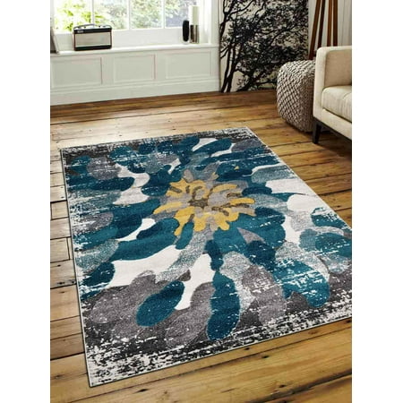 Large Area Rugs 8x10 Rugsotic Carpets Machine Woven Heatset Polypropylene 8'x10' Area Rug Floral Silver Blue M00032 ()