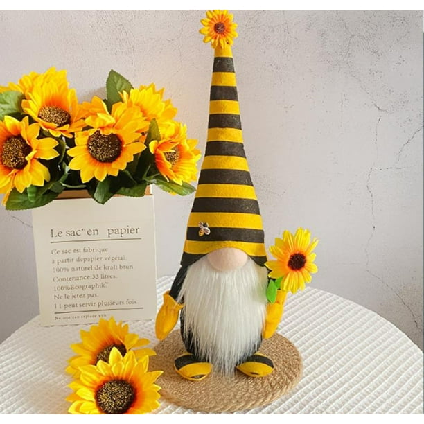 Adorable gnomo de abeja y girasol | Figura de enano sin rostro para decoración de escritorios de hogar y oficina | Decoración festiva de mesa de 38 cm de alto