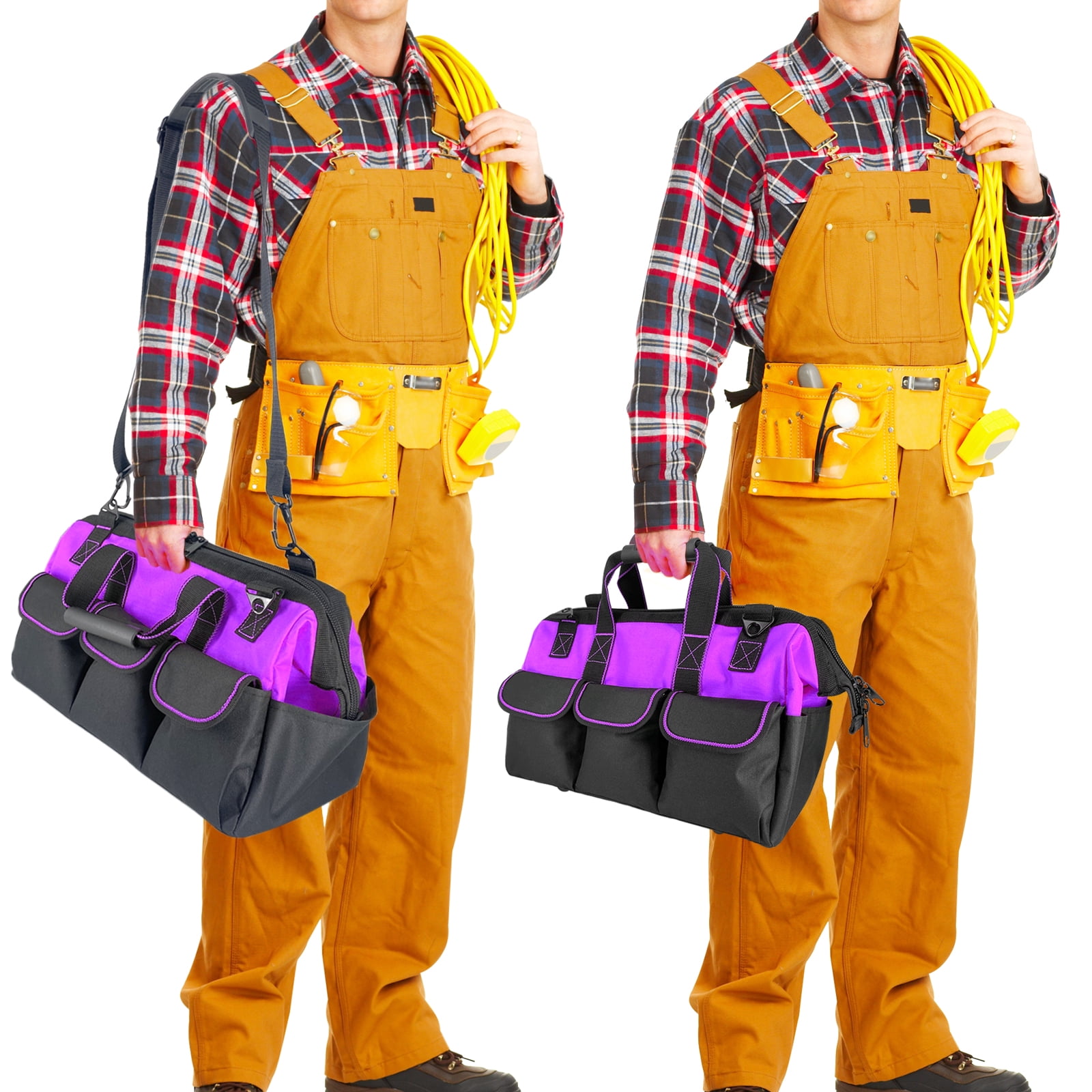 Yongzhenlite Garden Tools Bag 16inch Wide Mouth Tool Tote with Molded Base and Multi-Pockets for Men Heavy Duty,600D polyester fabric (Purple color)