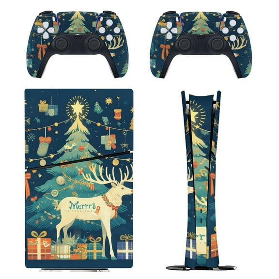 Skin Sticker for PS5 Slim Standard PS5 Pro Disc Digital Edition Console and Controllers Decals for Playstation 5 (Merry Christmas Holly Decor,PS5 Slim Disc Edition)