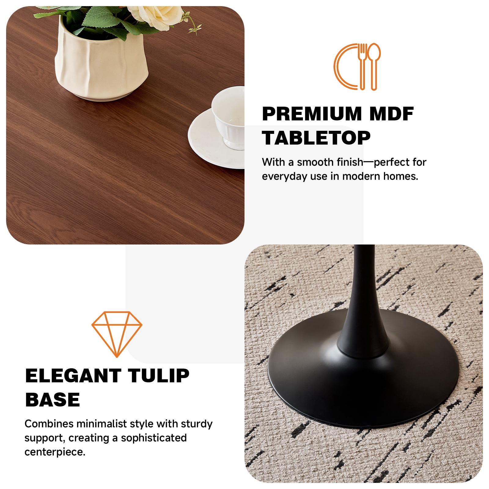 31.5" Round Dining Table for 2-4 Modern Circle Tulip Table with Metal Black Tulip Pedestal Base for Kitchen Dining Living Room Apartment Small Space Cafe, Brown