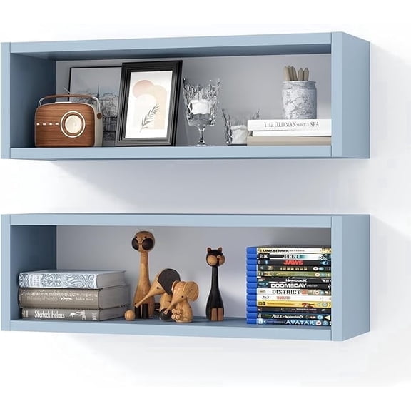 Kaboon 24" Floating Cube Shelves, Set of 2, Wall Mount Decorative Hanging Shelves, Peace Blue