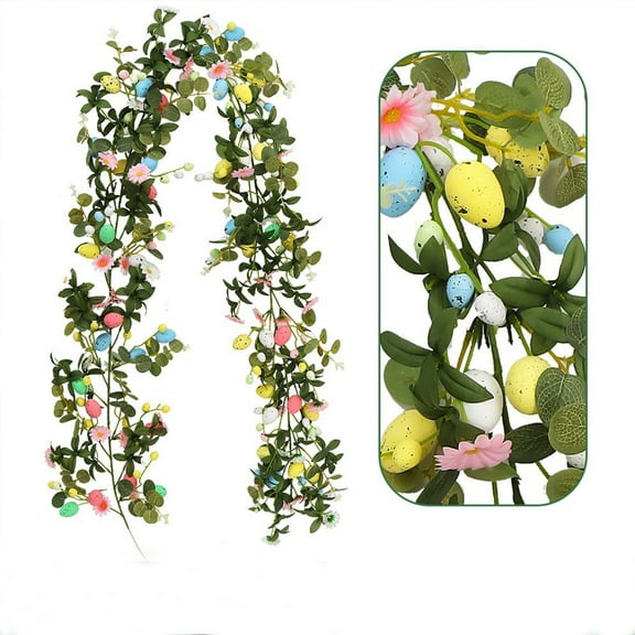 JLFNYA Easter Garland,Easter Garland for Mantel, 78.7" Faux Greenery & Eggs Wreath, Extra-Long Door Hanging, Waterproof for Outdoor Easter Party
