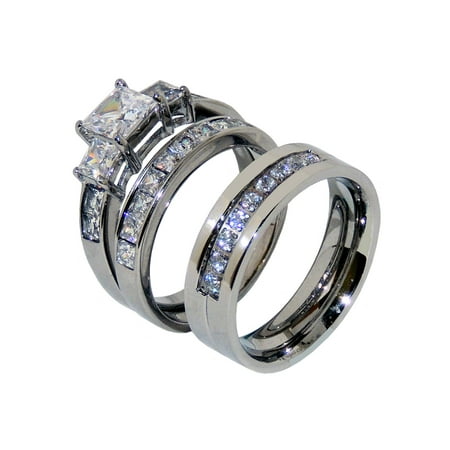 His Hers Couple 3 PCS 1 Ct Princess CZ Wedding Ring Set Mens 9 CZ Band- Size W5M8