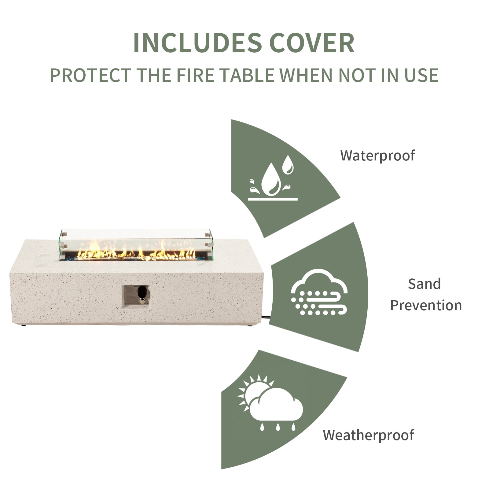 VENTOPYR Outdoor Propane Fire Pit Table, 56-inch x 28-inch Rectangle Terrazzo White Concrete-Like Finish, 50,000 BTU Stainless Steel Burner w Blue Fire Glass, Wind Guard, Raincover
