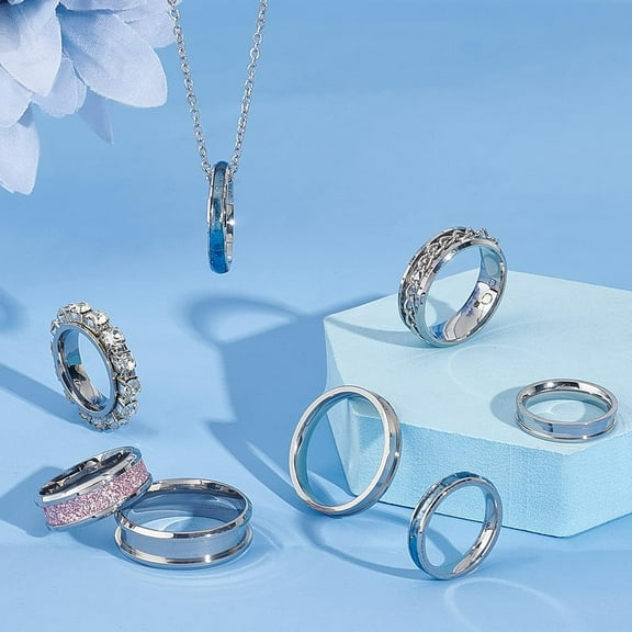 24pcs 3Styles Blank Core Ring 8 Sizes Stainless Steel Grooved Ring with Velvet Pouches Round Blank Ring for Inlay Ring Jewelry Making Gift Stainless Steel Color