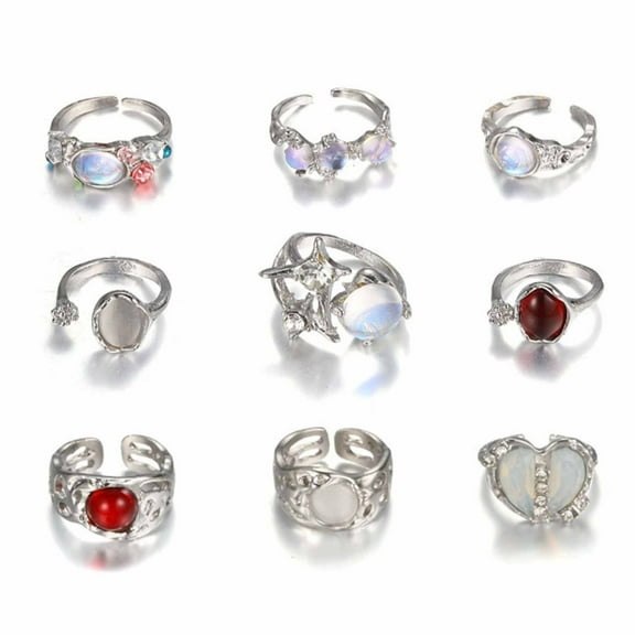 AOOOWER Set Of 9 Moonstone Gemstones Rings for Women Teens Fashion Finger Rings Jewelry