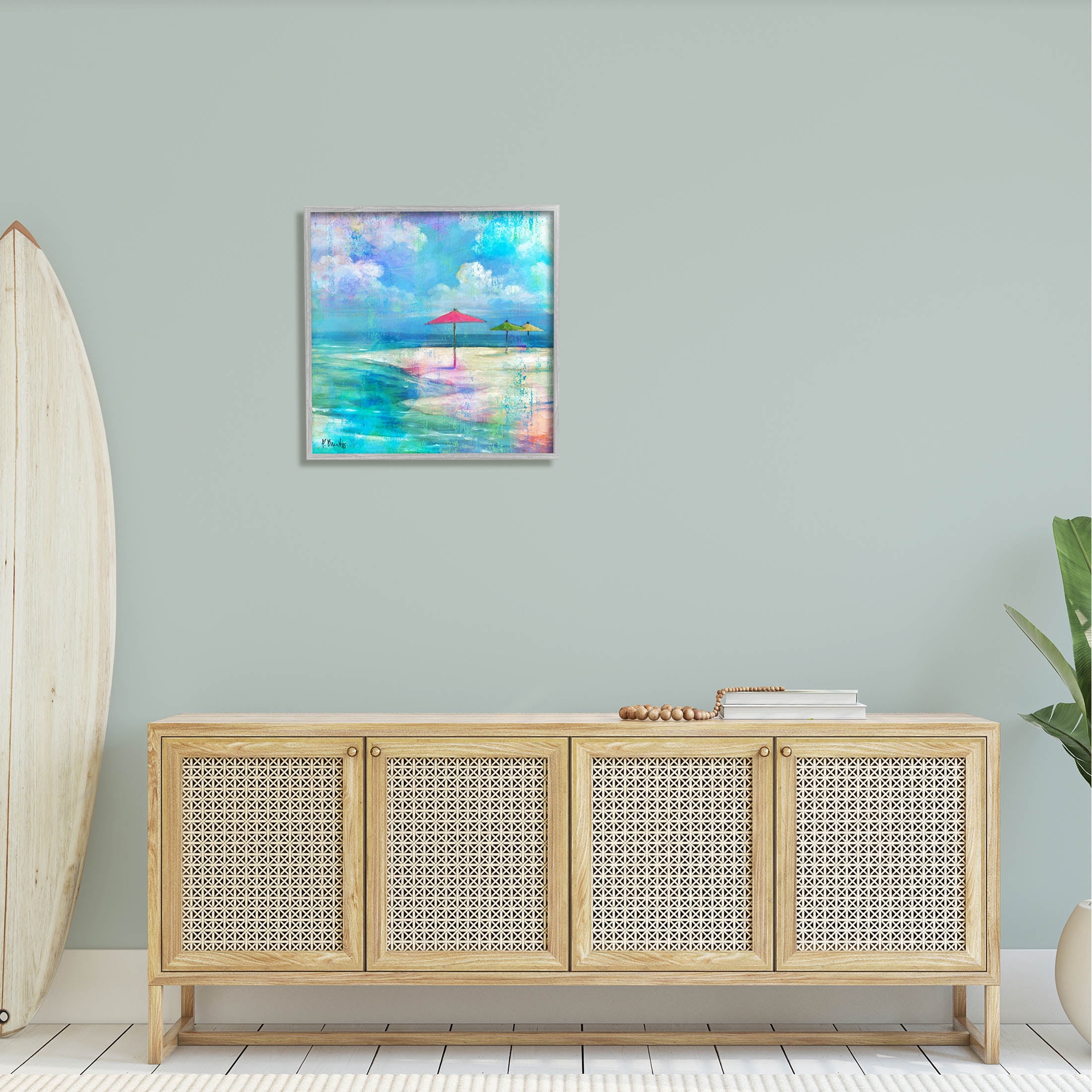 Stupell Industries Umbrella Beachscape Watercolor Mirage Painting Gray Framed Art Print Wall Art, Design by Paul Brent
