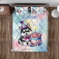 thumbnail image 4 of Happy Birthday Cute Puppy Siberian Husky with Cake Gifts Party Hat Quilt Bedding Set Husky Dog Lover Gifts 1 Blanket Bed Cover 2 Pillowcases - 00029, 4 of 5
