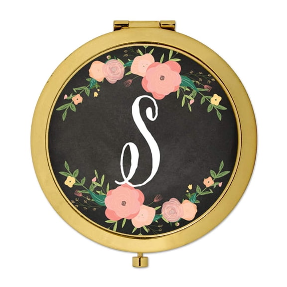 Koyal Wholesale Gold Compact Mirror Bridesmaid's Wedding Gift, Pink Peach Florals | Chalkboard, Monogram Letter S, 1-Pk