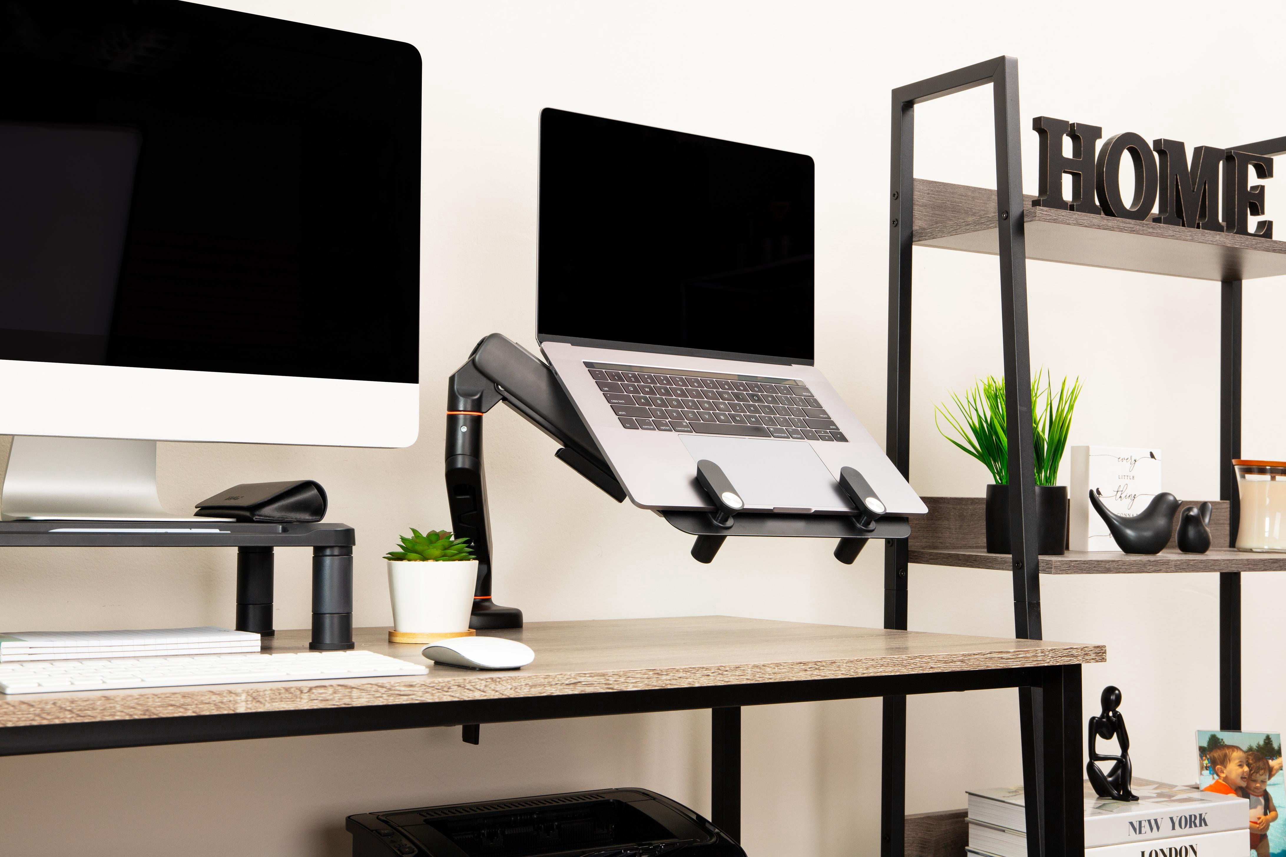 Mind Reader Gas Spring Laptop Desk Mount, Fits 11.6–17.3" Laptops or Monitors, 180° Rotate, 13.2 lb Capacity, Single Arm, Adjustable Tilt/Swivel, Black