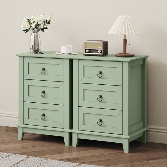 May in Color Green Nightstand Set of 2: Modern 3-Drawer Bedside Tables, Wood Dressers for Bedroom, Living Room, or Office Furniture