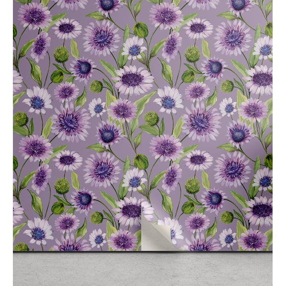 Ambesonne Flowers Peel & Stick Wallpaper for Home, Spring Meadow Chamomile Art, 13"x36", Mauve Purple and Green