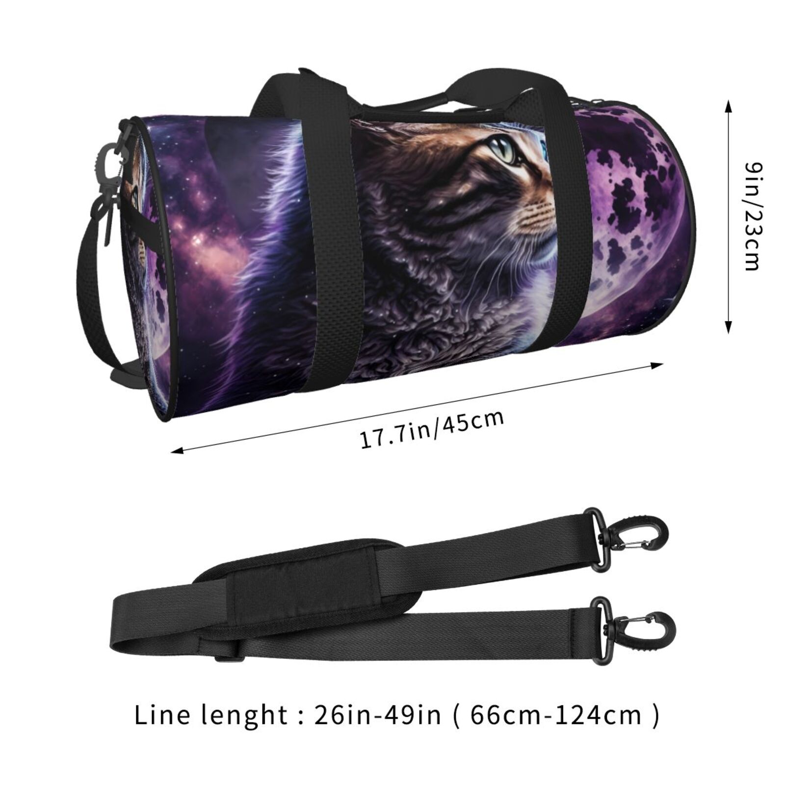 Hirioo Purple Moon Cat for Round Large Capacity Travel Luggage Bag Weekend Getaway Bag for Gym Beach Swim Bag Men Women