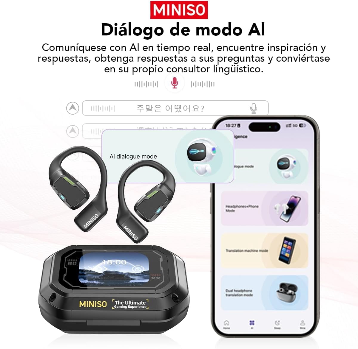 MINISO M98 Open Ear Earbuds Wireless Earbuds AI 135 Language Translator Earbuds with Smart Screen Mic,Bluetooth Earbuds Sport IPX7 Waterproof,Black