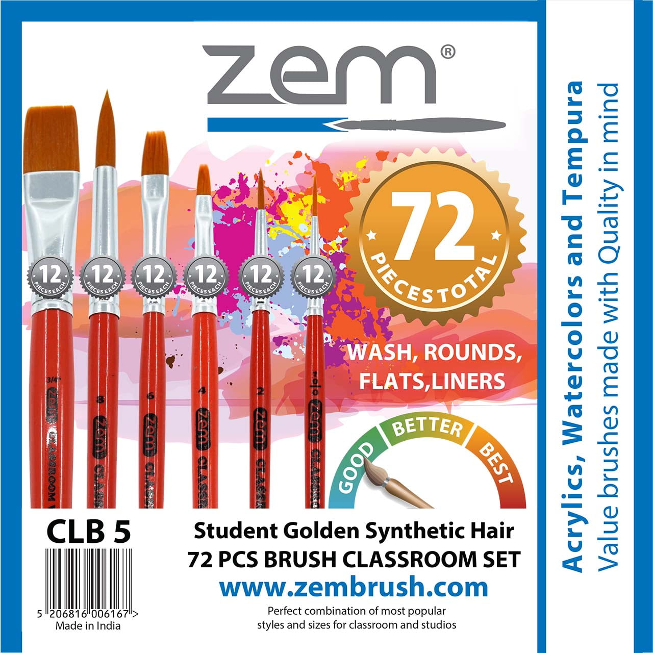 ZEM Brush Mfg CLB5 Classroom Artist Paint Brush Box Set Wash Round