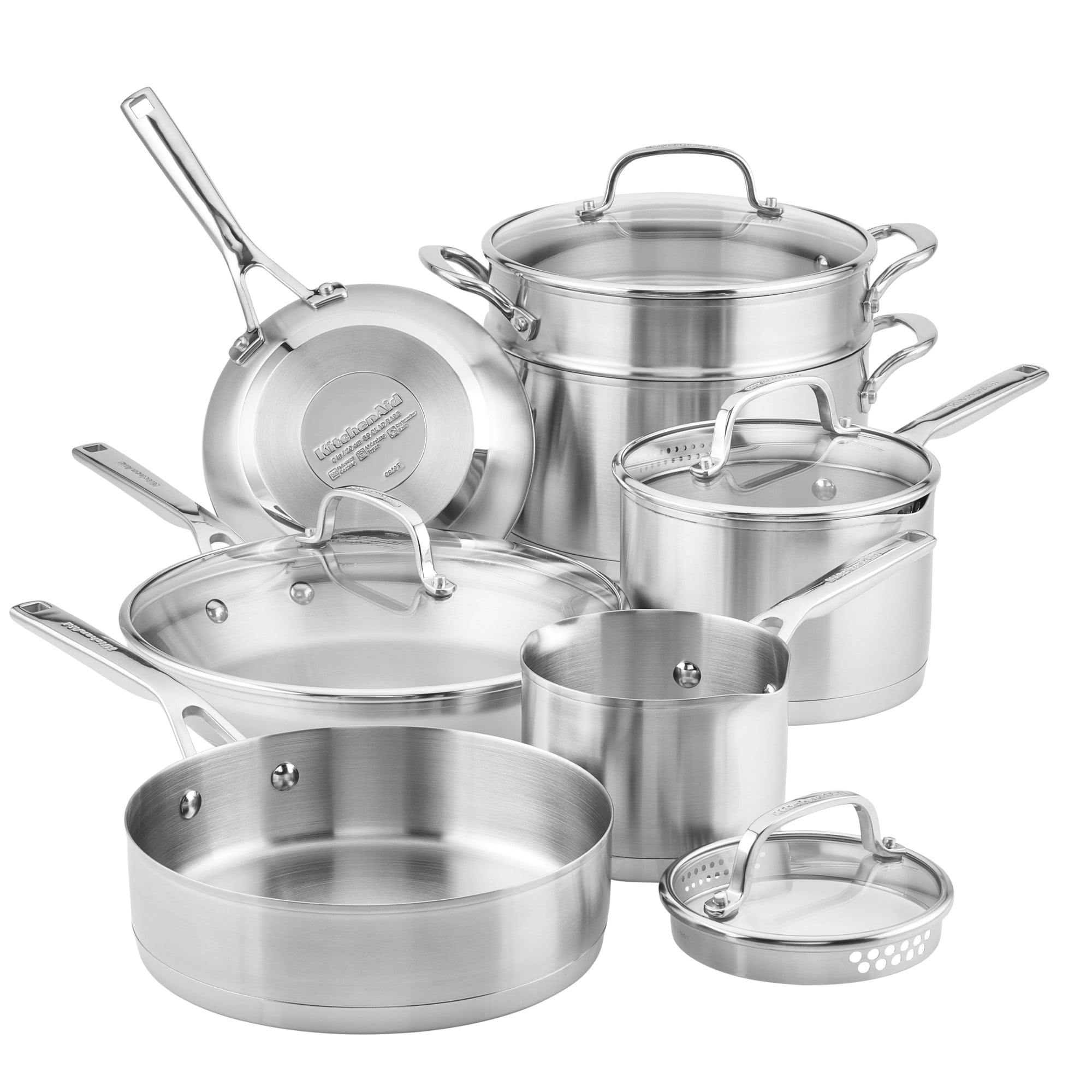 KitchenAid 11-Piece 3-Ply Base Stainless Steel Pots and Pans/Cookware Stainless Steel Cookware Set Walmart