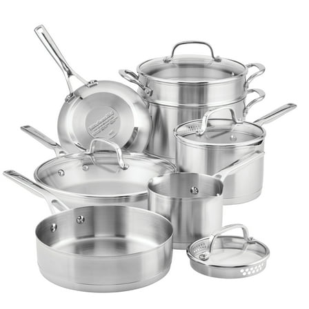 KitchenAid 3-Ply Base 11 Pcs Stainless Steel Cookware Induction Pots and Pans Set, Metal Utensil and Dishwasher Safe and Oven Safe to 500°F, Brushed Stainless Steel