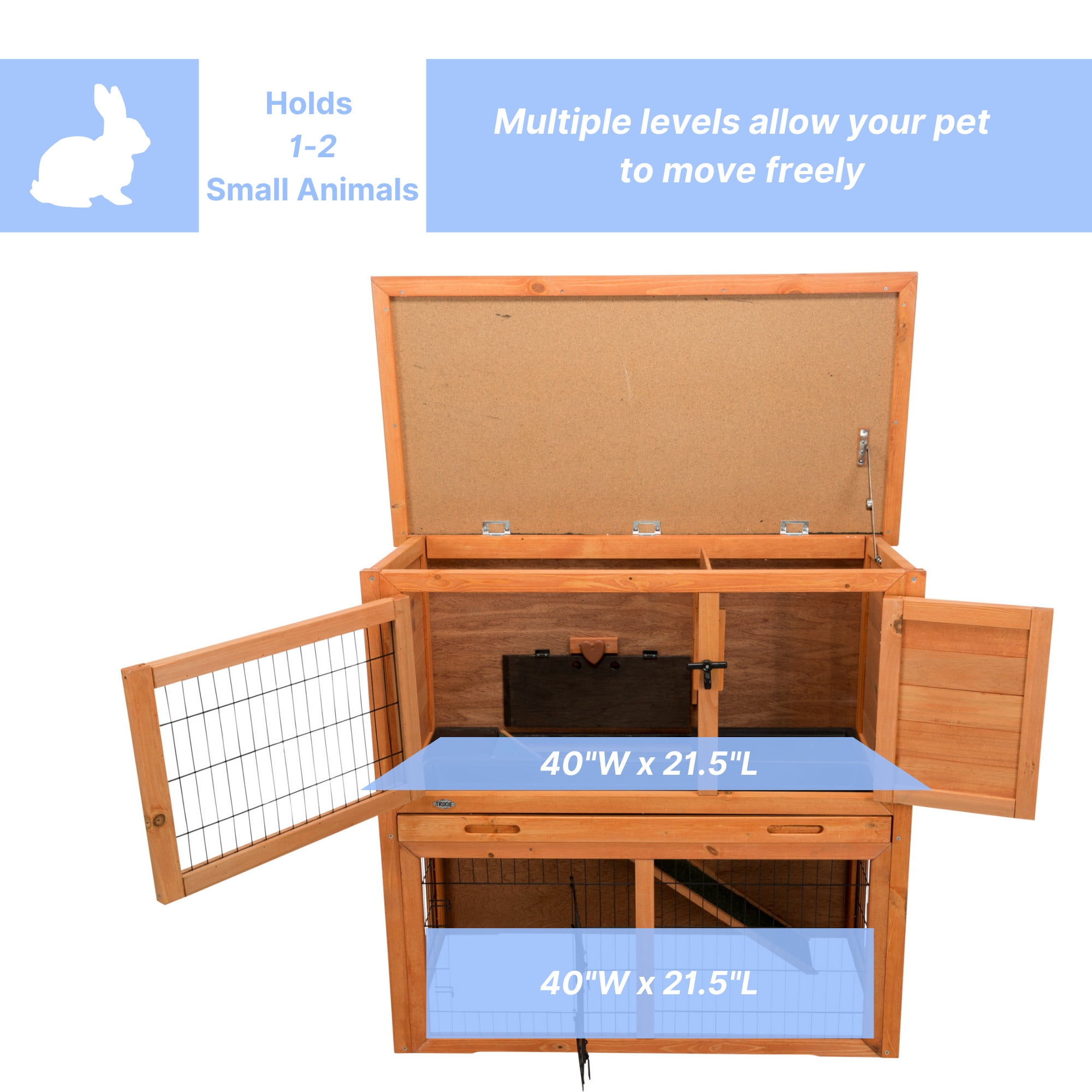 TRIXIE Weatherproof Outdoor 2-Story Wooden Small Animal Hutch with Run & Pull-Out Tray, Brown
