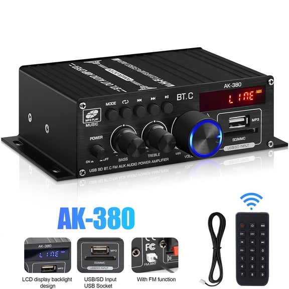 Bluetooth 5.0 Stereo Audio Amplifier Receiver, 2.0 CH Digital HiFi Power Amp for Home Theater & Speaker Systems (Power Adapter Not Included)