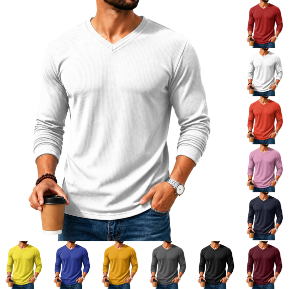 T Shirts for Man V Neck Long Sleeve Casual Basic Pullover Tee Soft Breathable Fabric V Neckline Regular Fit Tops