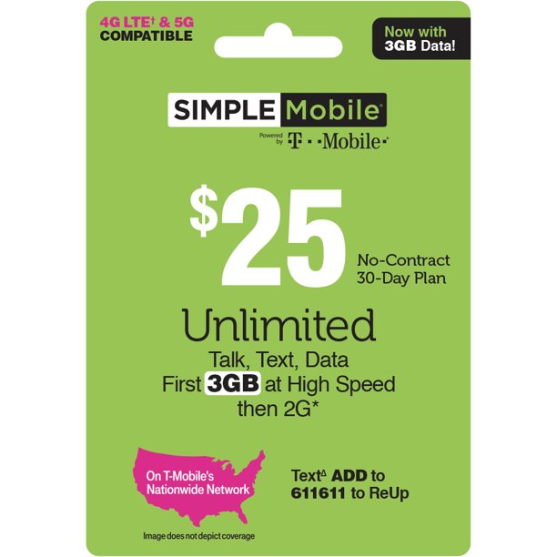 Simple Mobile 25 Unlimited 30Day Prepaid Plan (3GB at high speeds