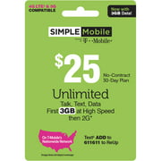 Simple Mobile $25 Unlimited 30-Day Prepaid Plan (3GB at high speeds) + International Calling Credit e-PIN Top Up (Email Delivery)