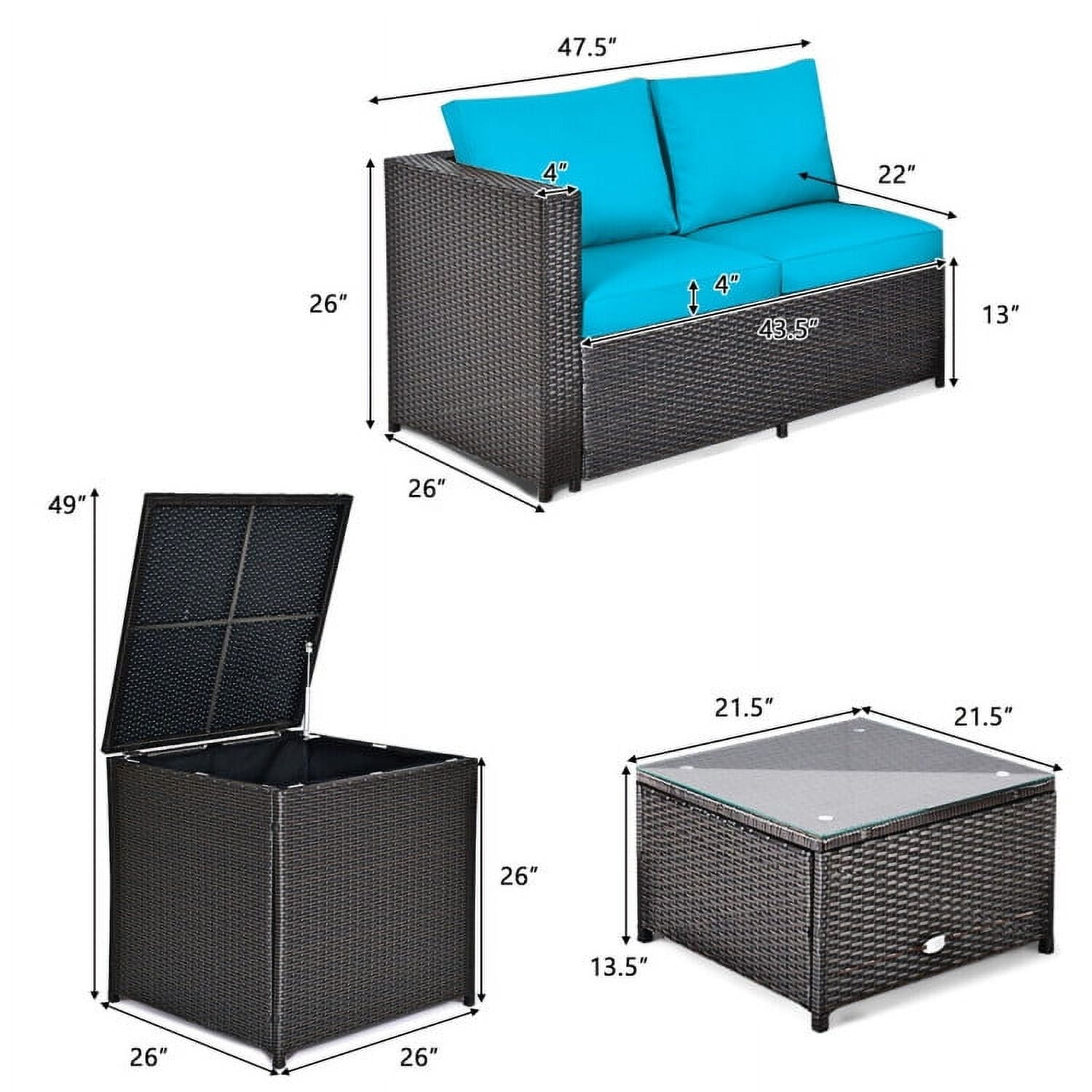 Aimee Lii 4 Pieces Outdoor Patio Rattan Furniture Set with Cushioned Loveseat and Storage Box, Outdoor Deck Furniture, Turquoise Aimee Lii 4 Pieces Outdoor Patio Rattan Furniture Set with Cushioned Loveseat and Storage Box, Outdoor Deck Furniture, Turquoise