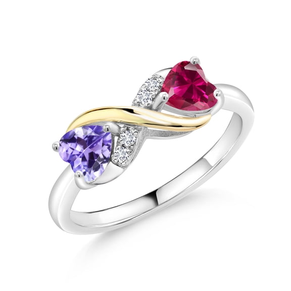 Gem Stone King 1.14 Ct Blue Tanzanite Red Created Ruby 925 Silver and 10K Yellow Gold Ring