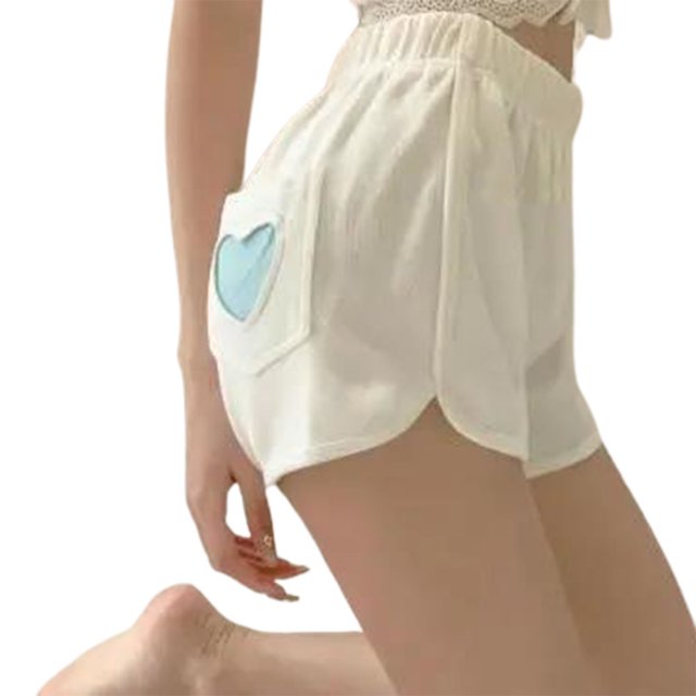 (Número de código: 1-S 2-M 3-L) Pantalones cortos con bolsillo de amor a escala de pez M blancos, pantalones de pierna ancha rectos de diseño informal sueltos de verano para mujer, pantalones altos