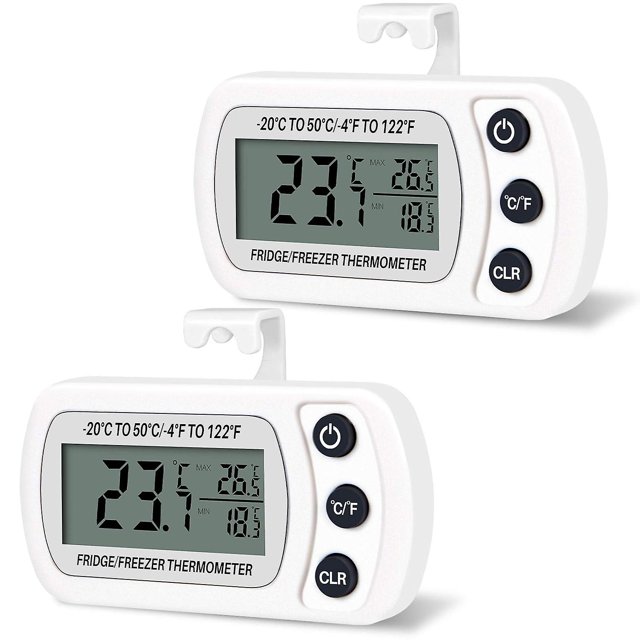 Termómetro digital para frigorífico y congelador Frigidaire, 2 unidades, temperatura de -20 a 50 °C con gancho, pantalla LCD fácil de leer, función de registro máximo mínimo (blanco)