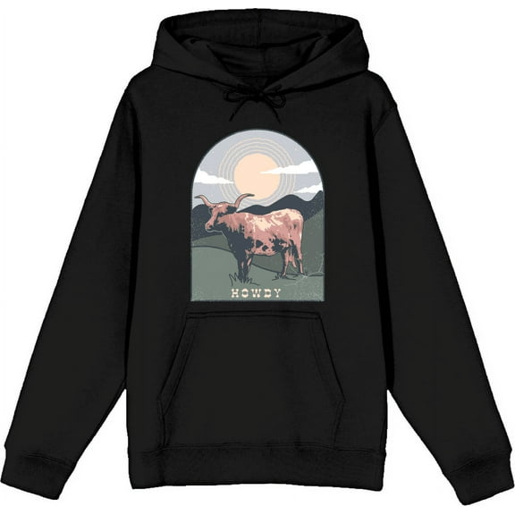 Western Howdy Cow Adult Black Long Sleeve Hoodie-Small