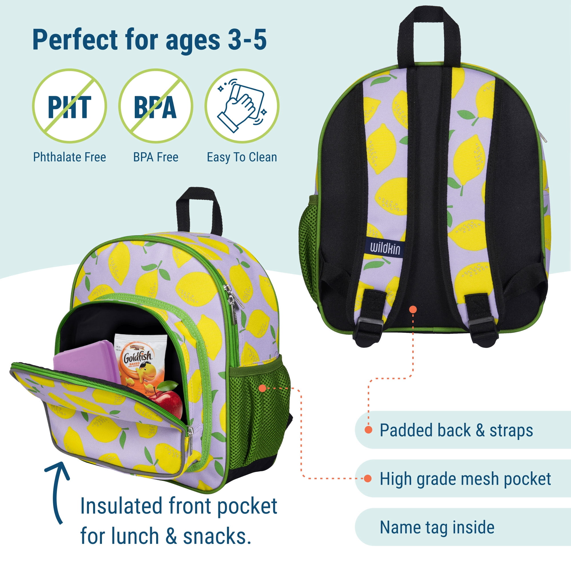 Wildkin Kids 12 Inch Backpack for Toddler Boys and Girls, Insulated Front Pocket (Lilac Lemonade)