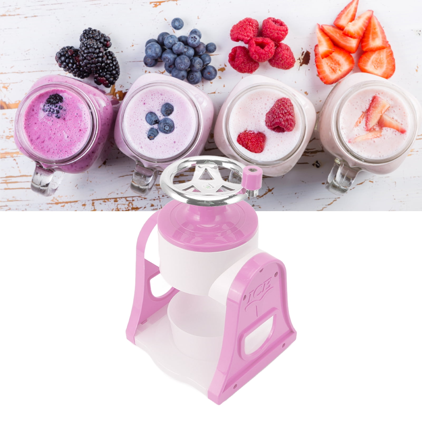 M Buder Hand Crank Shaved Ice Machine Stainless Steel Blades Portable Snow Cone Maker for Home Pink 11.2 inches / 28.5 cm