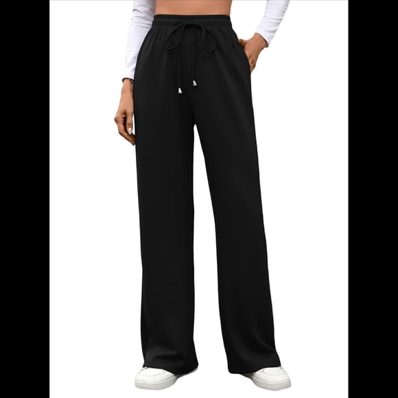 Pantalones Deportivos Casuales para Mujer, de Pierna , Holgados, con Cordón Ajustable, Cintura Alta, Elásticos y Bolsillos. Negro XXL