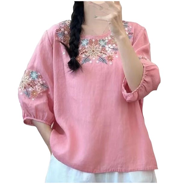 Tops de Cuello en V para las Mujeres de Moda Retro Bordado Blusa de Manga Corta, Imitación Algodón Tirar Marco para el Verano Casual Y el Uso de Vacaciones