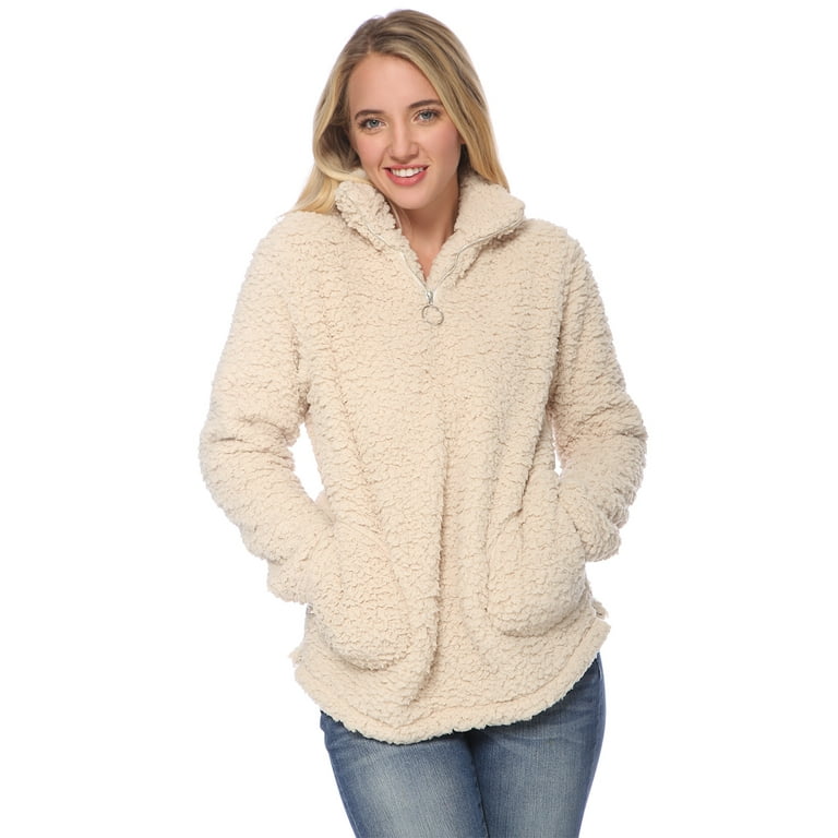 Womens Fuzzy Long Sleeves Quarter Zip Teddy Sherpa Pullover Sweater Oatmeal Large