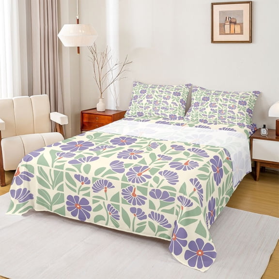jejeloiu Retro Floral Bed Sheets For Girls,Mid-Century Pattern Full Size Sheets,Purple Green Cream,4pcs,1 Flat Sheet, 1 Fitted Sheet and 2 Pillowcases