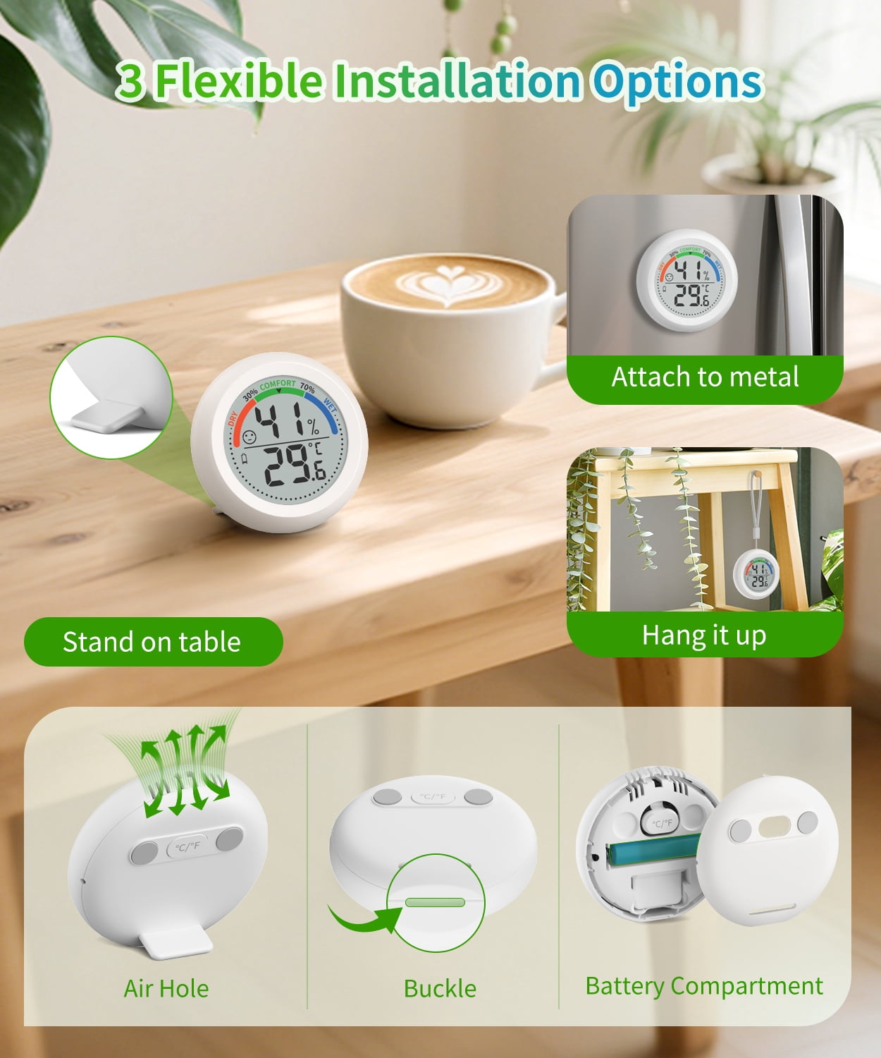 VOCOO Round Digital Thermometer and Hygrometer | Temperature Humidity Gauge with Comfort Level Indicator | Easy-Read LCD Screen for Home, Greenhouse, Office