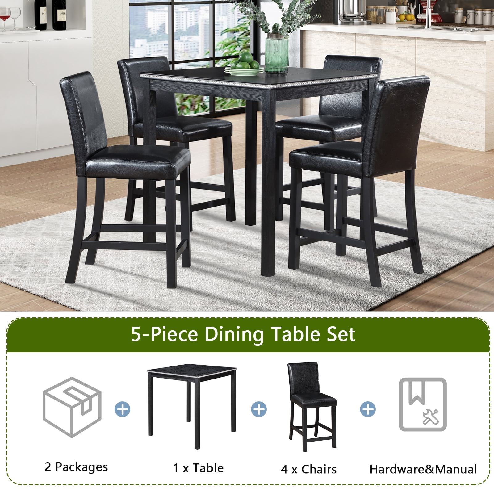 Gewnee Modern 5 Piece Dining Table Set,Counter Height Dining Table with Crystal Decoration and 4 PU Upholstered Chairs for Kitchen,Dining Room,Black
