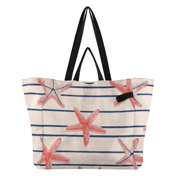 Starfishes with Blue Stripes Retro Style Foldable Canvas Tote Bags Reusable Grocery Bags Laundry Bags Beach Bag 32L