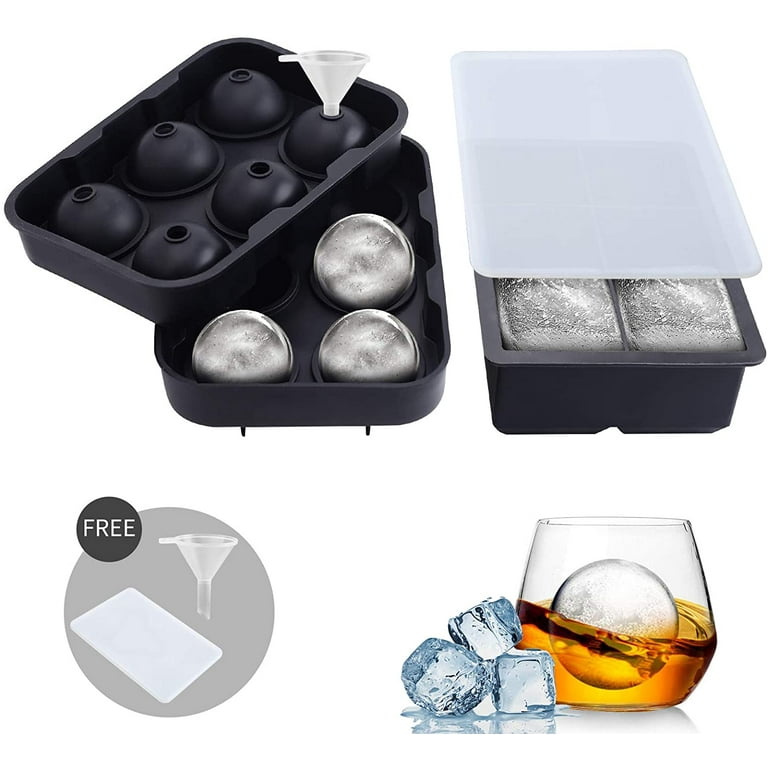 2PCS Ice Cube Trays, Silicone Square Ice Cube Mold for Whisky & Large  Sphere Ice Ball for Bourbon & Cocktail, with Funnel & Lids, Easy Release To  Keep
