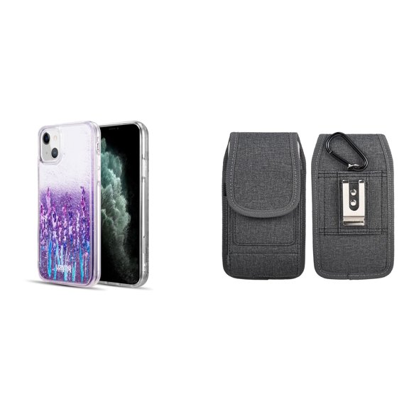 Liquid Glitter Case for iPhone 14 Plus and Belt Holster Pouch (Lavender Purple/Gray)