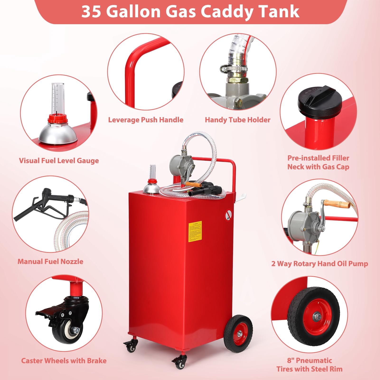 35 Gallon Gas Caddy, Portable Fuel Storage Tank with 4 Wheels & Manual Transfer Pump, Diesel & Gasoline Fuel Container for Cars, Lawn Mowers, ATVs, Boats